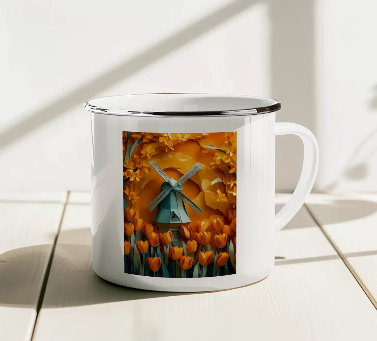 Mulino a vento e tulipani Papercut Art tazza in smalto da Papercut Gallery