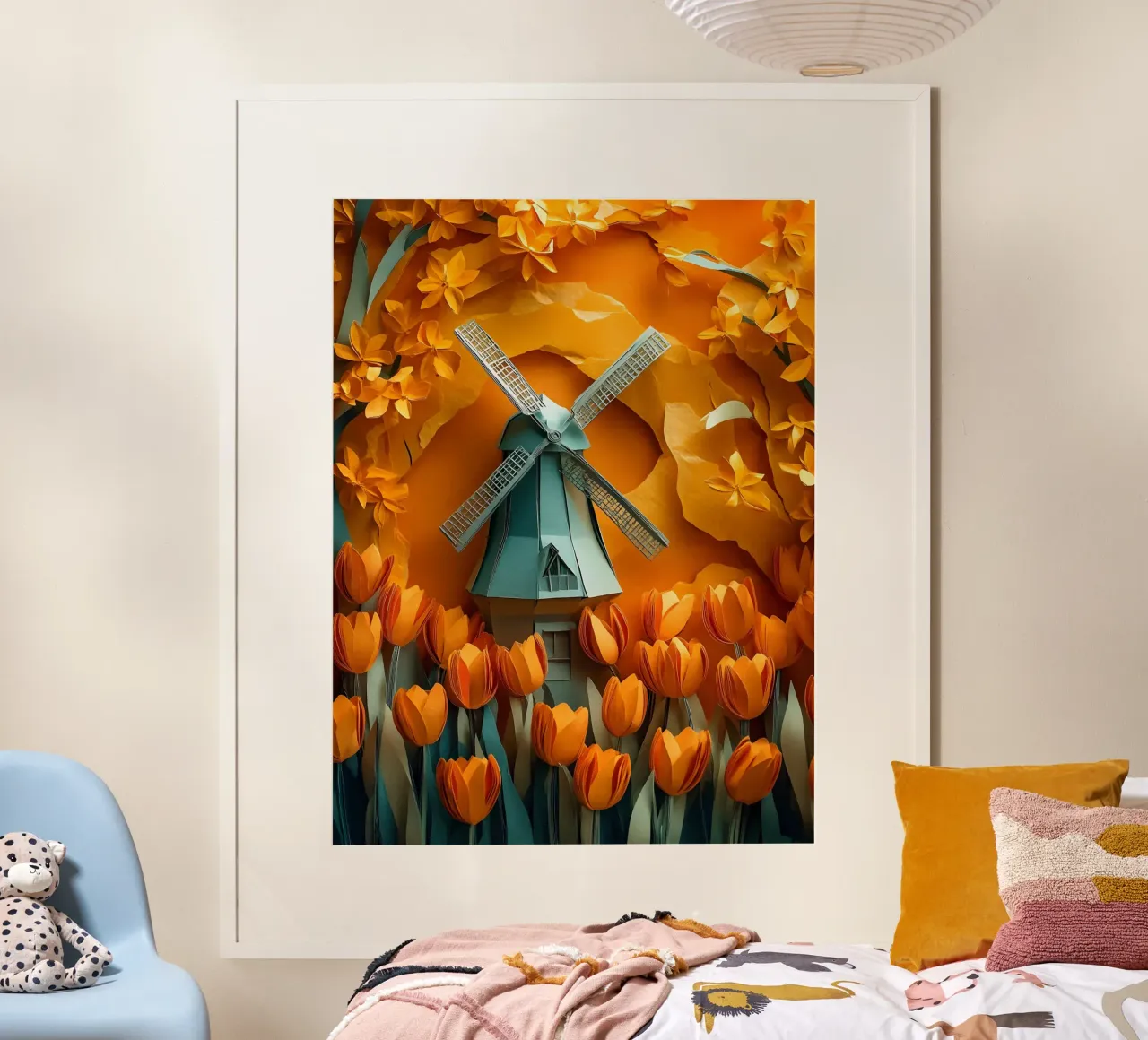 Mulino a vento e tulipani Papercut Art poster con telaio in alluminio da Papercut Gallery