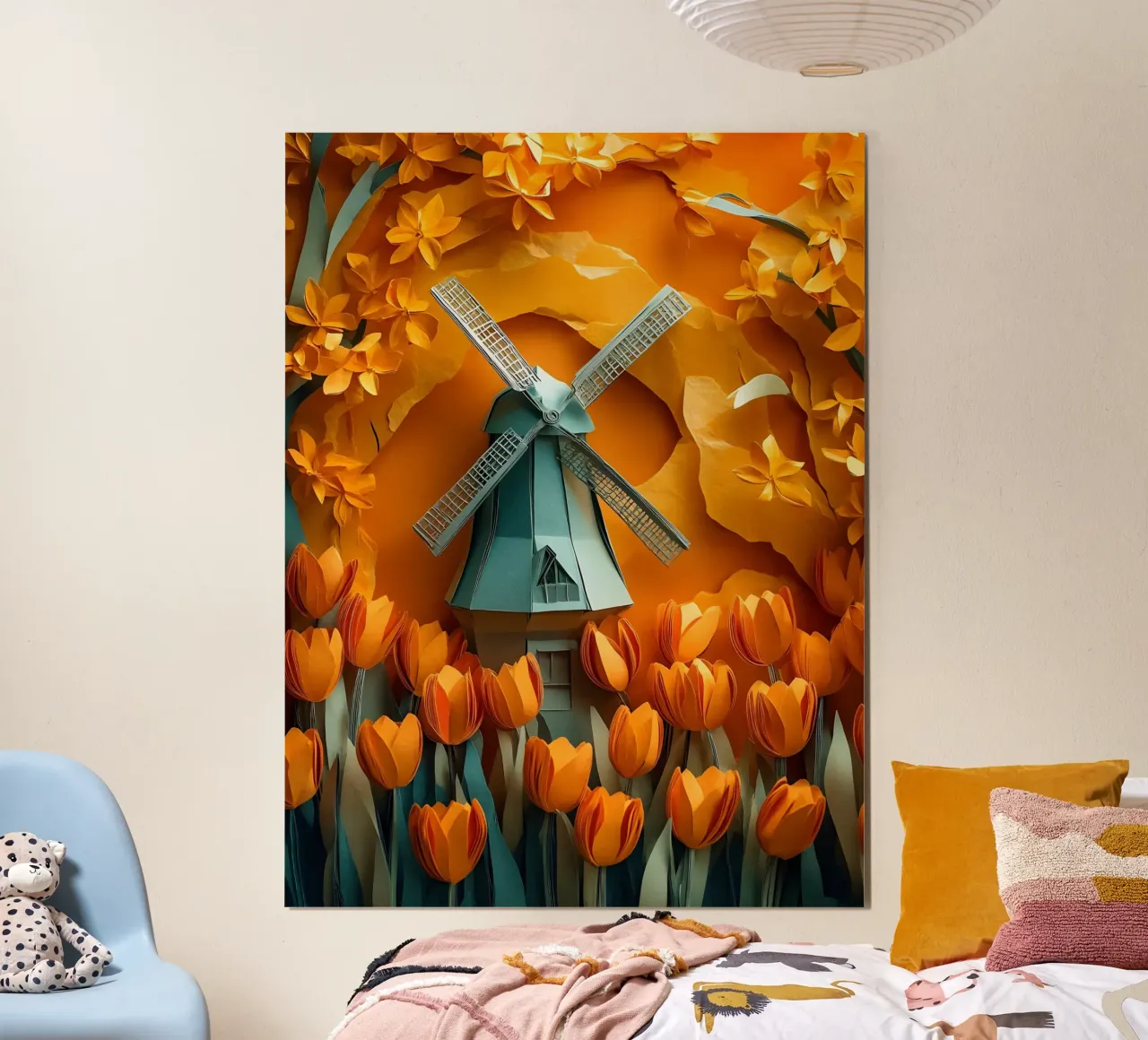 Mulino a vento e tulipani Papercut Art poster con telaio in alluminio da Papercut Gallery