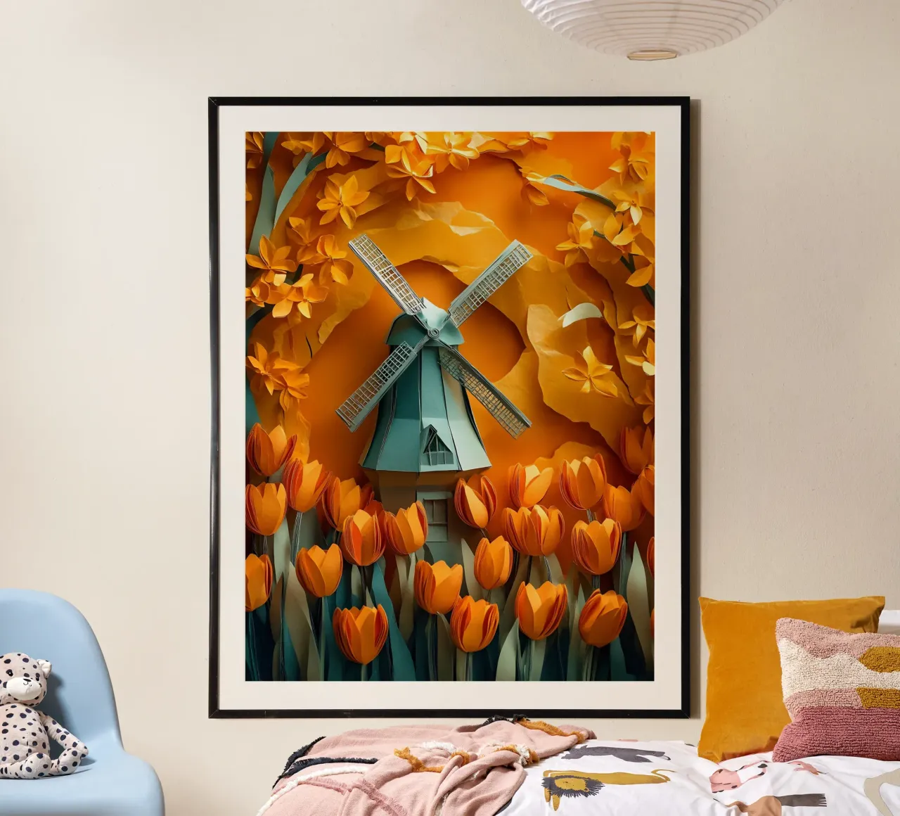 Mulino a vento e tulipani Papercut Art poster con telaio in alluminio da Papercut Gallery