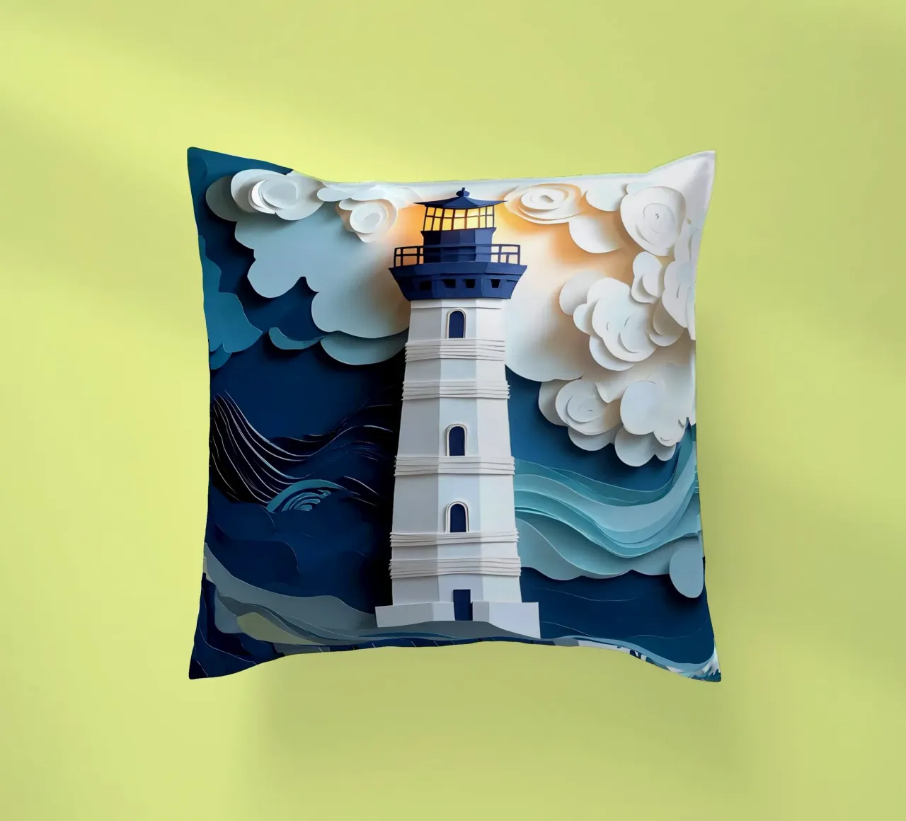 Faro nell'oceano Papercut Art cuscino da Papercut Gallery
