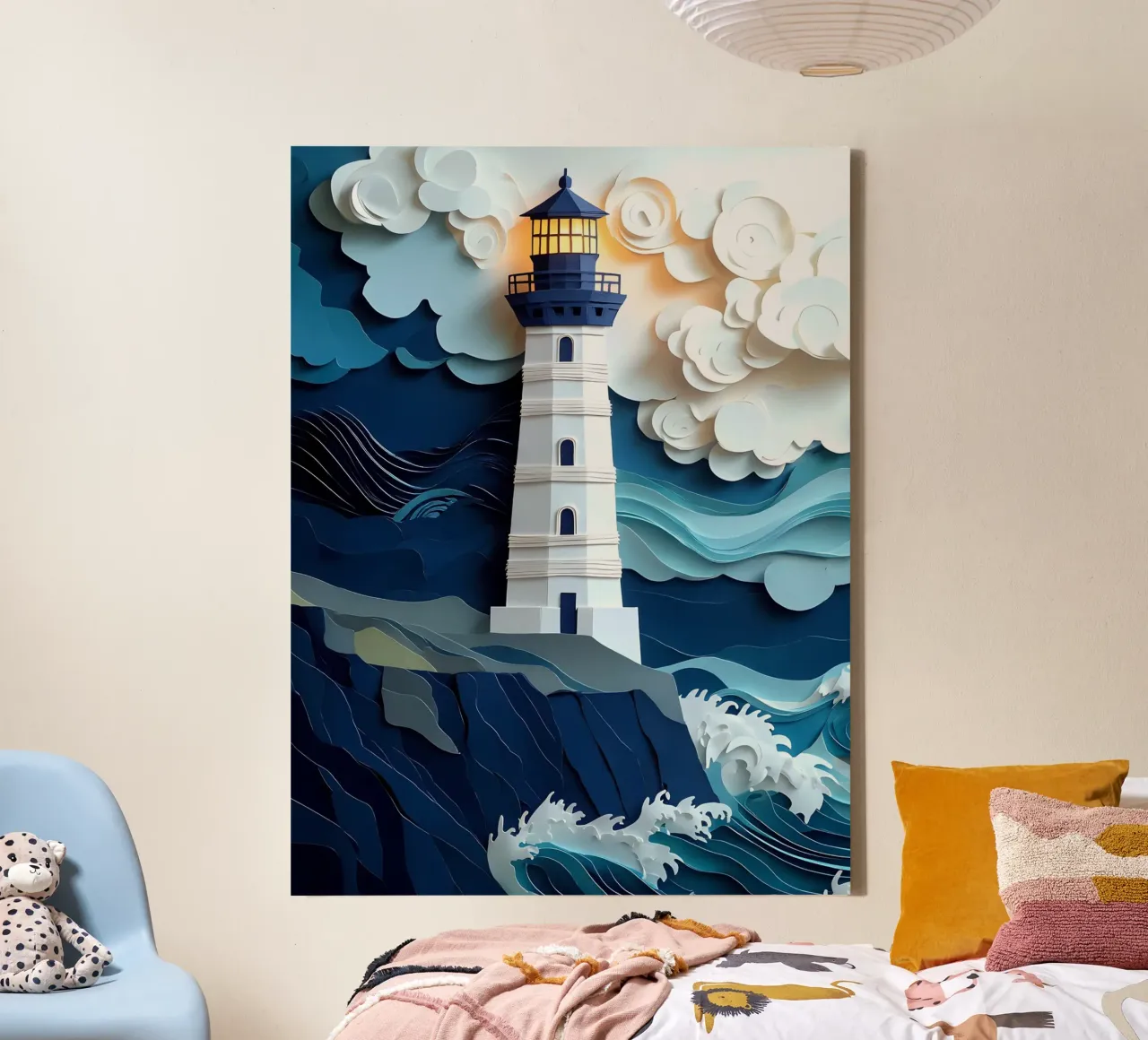 Lighthouse In Ocean Papercut Art canvas with Floater frame by Papercut Gallery