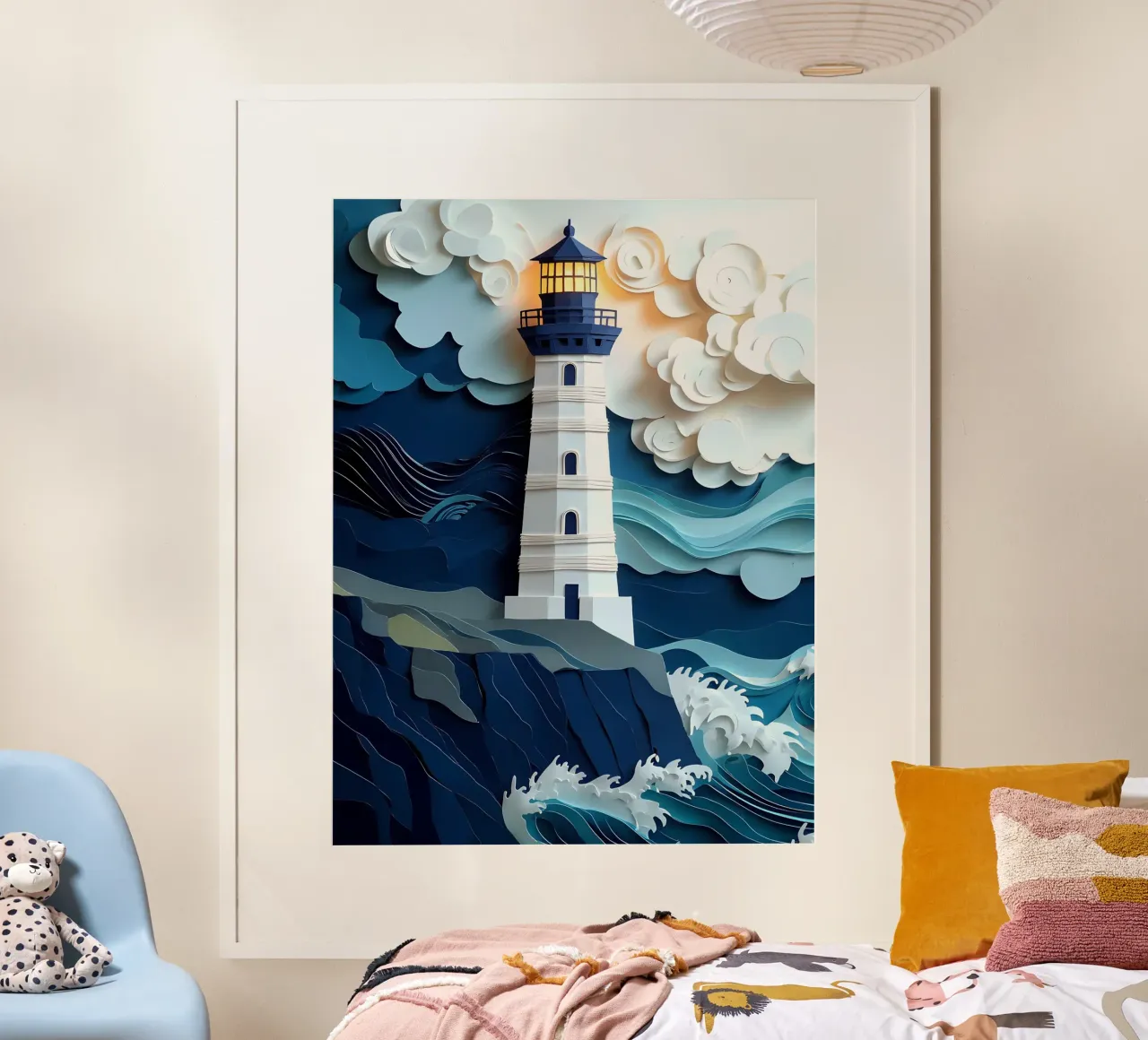 Faro nell'oceano Papercut Art poster con telaio in alluminio da Papercut Gallery