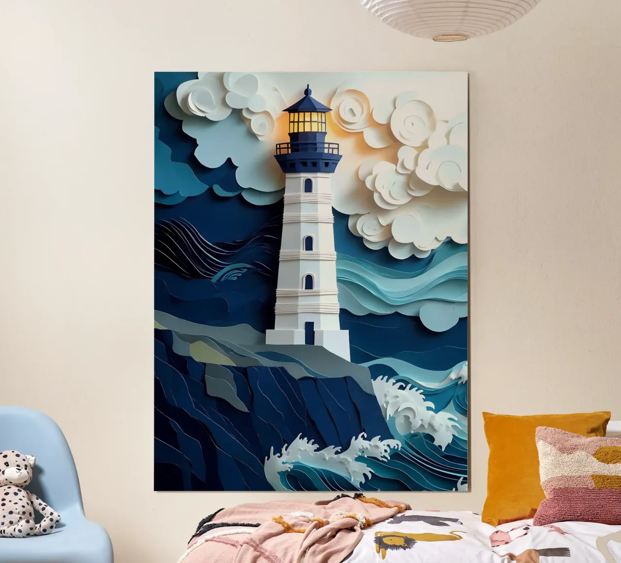 Faro nell'oceano Papercut Art poster con telaio in alluminio da Papercut Gallery