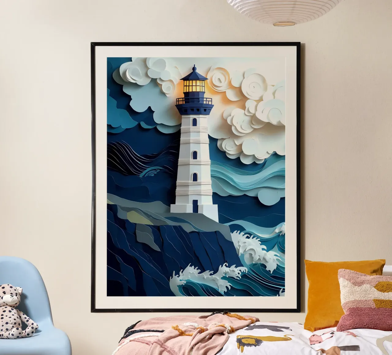 Faro nell'oceano Papercut Art poster con telaio in alluminio da Papercut Gallery