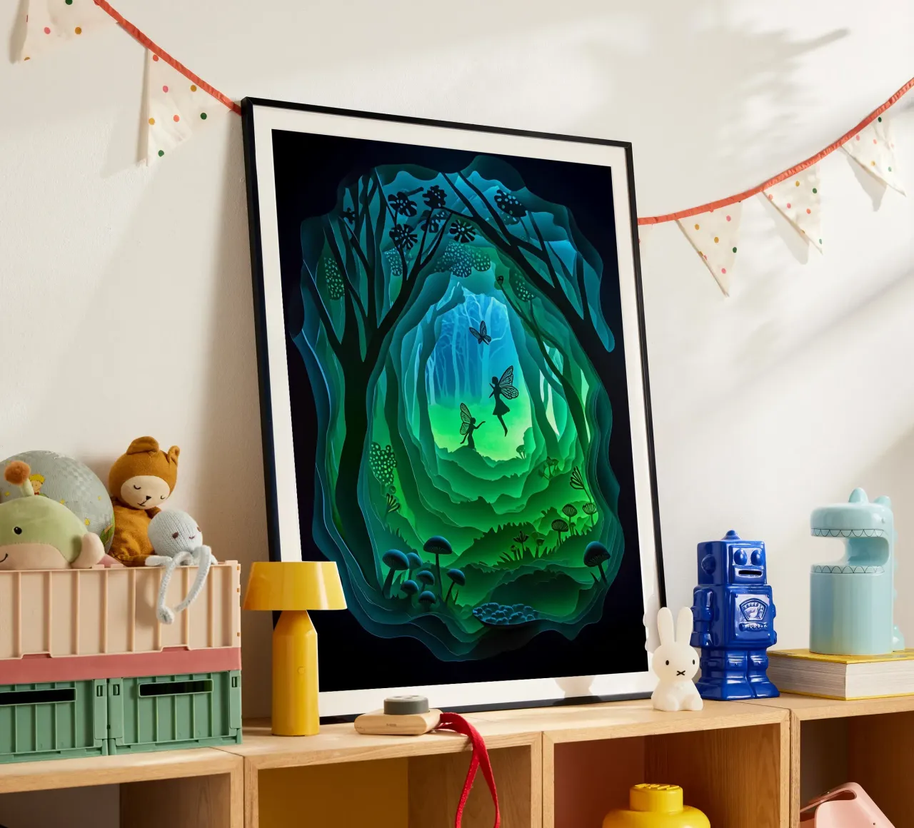 Fate e farfalle nella giungla poster con telaio in alluminio da Papercut Gallery