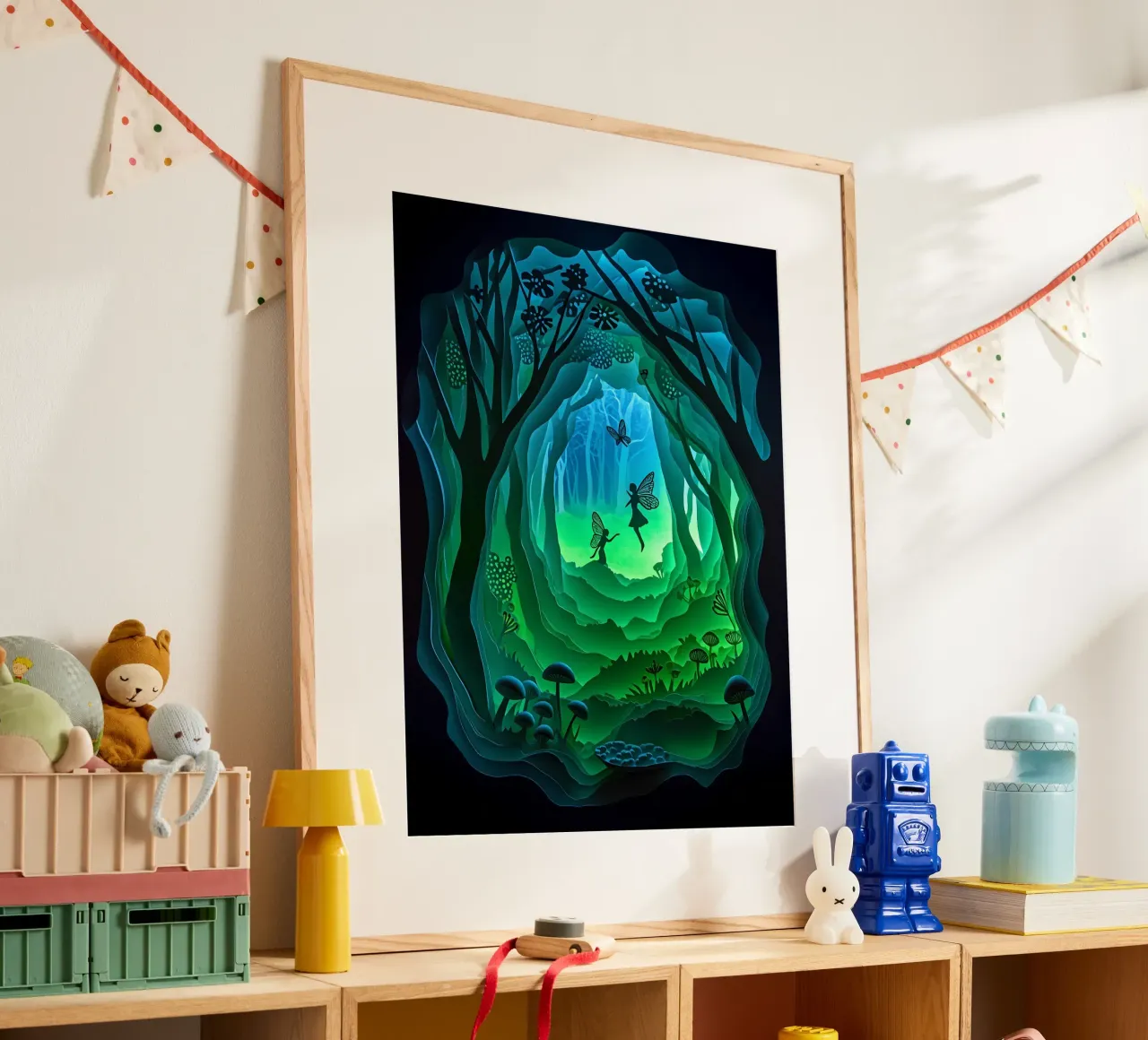 Fate e farfalle nella giungla poster con telaio in alluminio da Papercut Gallery