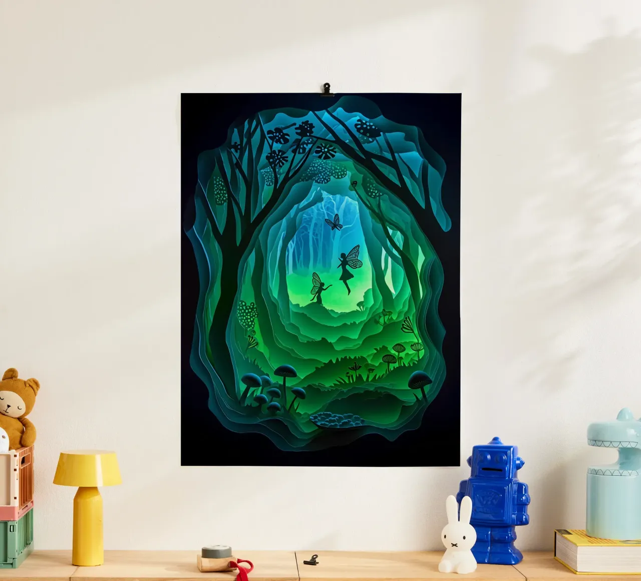 Fate e farfalle nella giungla poster con telaio in alluminio da Papercut Gallery