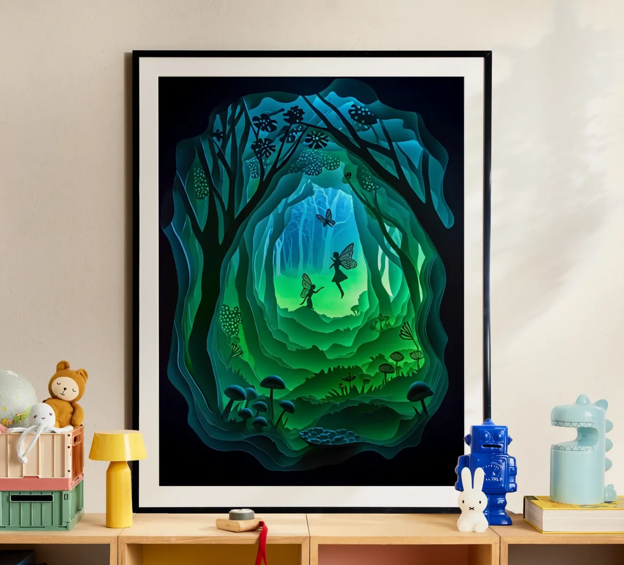 Fate e farfalle nella giungla poster con telaio in alluminio da Papercut Gallery