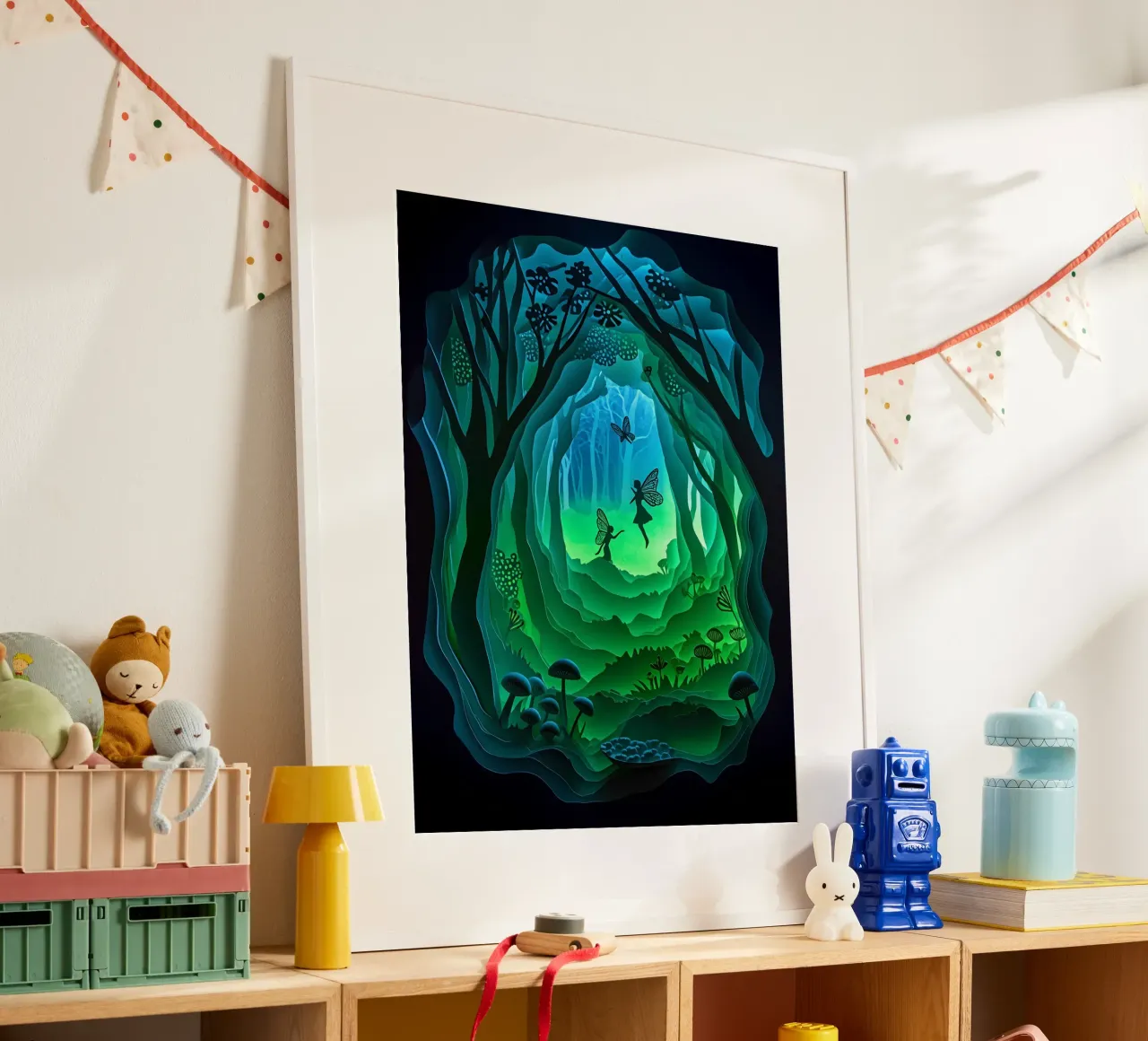 Fate e farfalle nella giungla poster con telaio in alluminio da Papercut Gallery