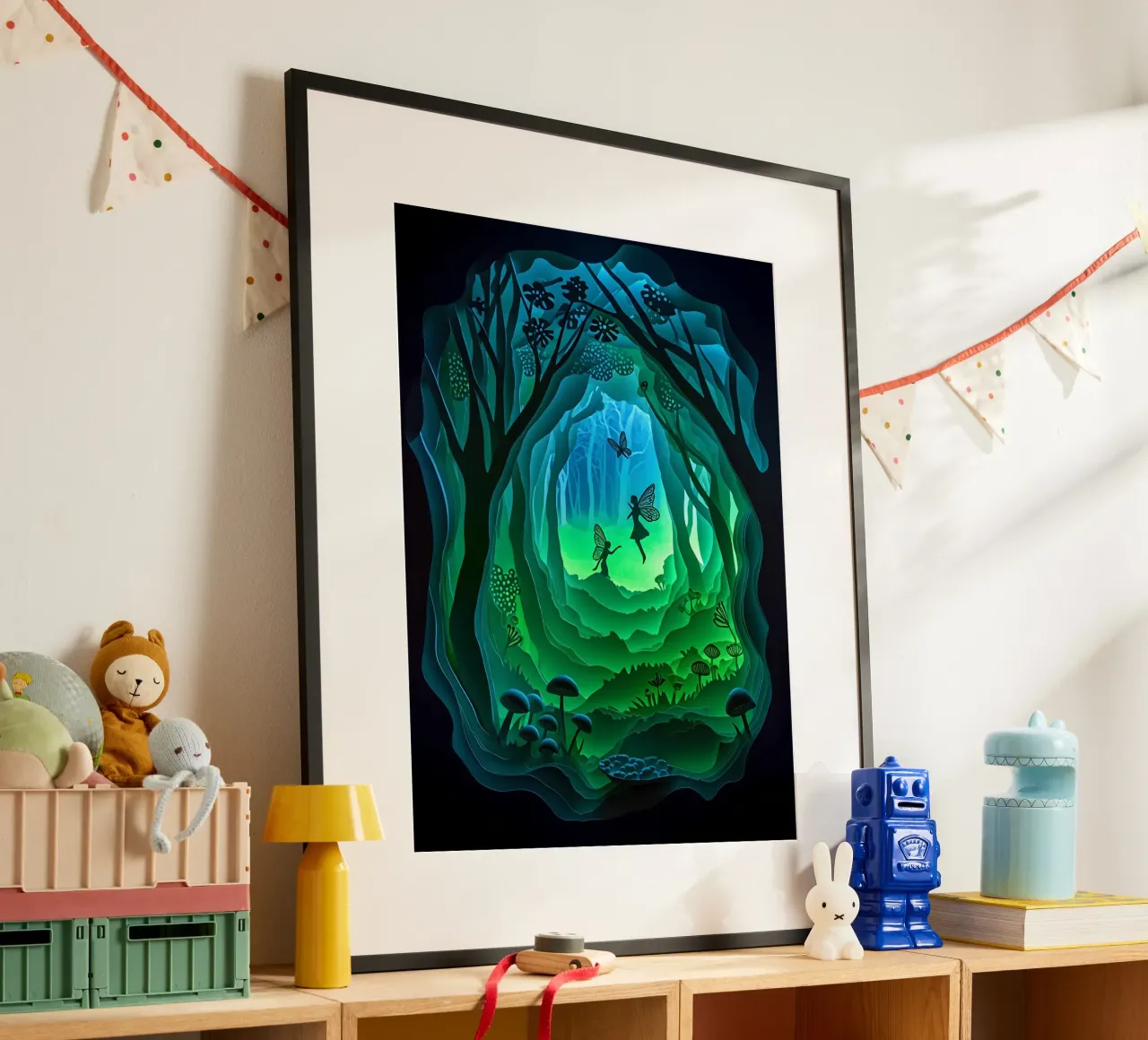 Fate e farfalle nella giungla poster con telaio in alluminio da Papercut Gallery