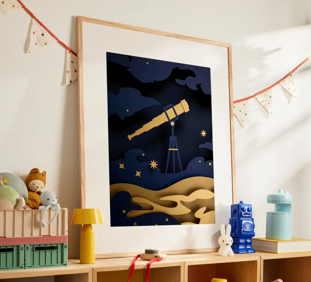 Télescope dans le ciel nocturne Papercut Art poster de Papercut Gallery