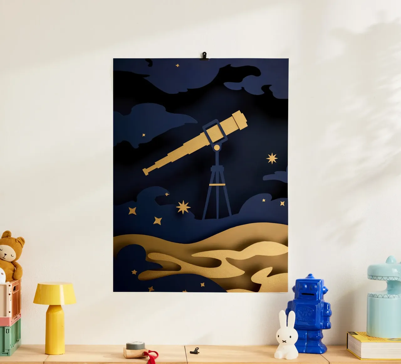 Télescope dans le ciel nocturne Papercut Art poster de Papercut Gallery