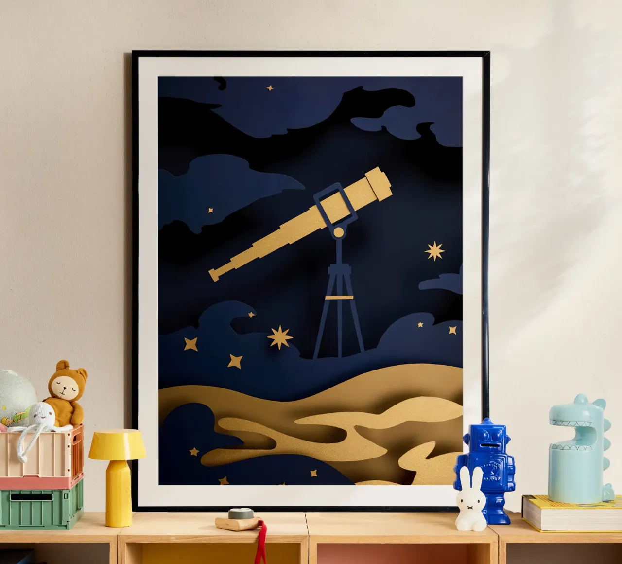 Télescope dans le ciel nocturne Papercut Art poster de Papercut Gallery