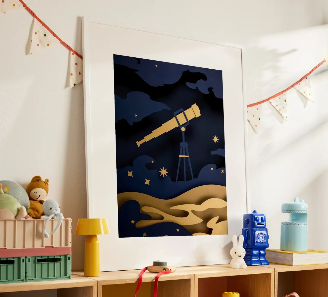 Télescope dans le ciel nocturne Papercut Art poster de Papercut Gallery