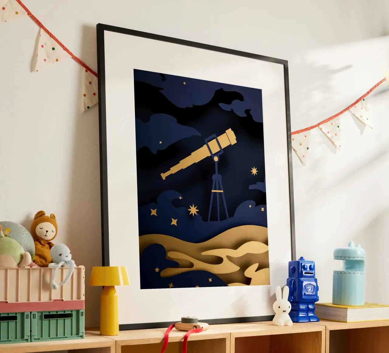 Télescope dans le ciel nocturne Papercut Art poster de Papercut Gallery