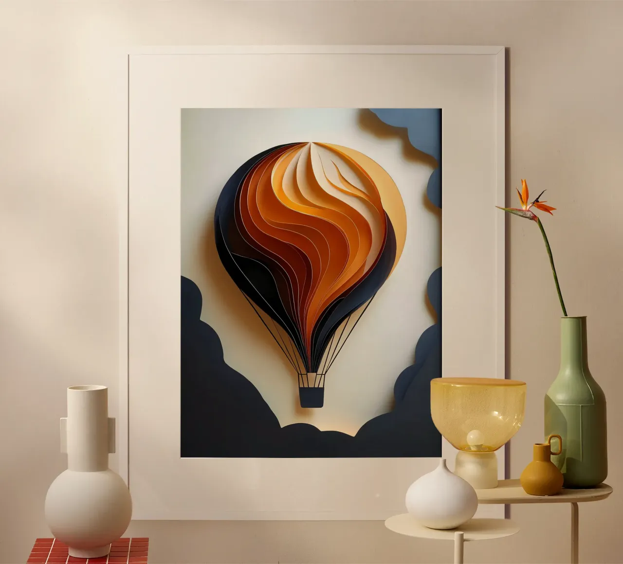 Mongolfiera tra le nuvole Papercut Art poster con telaio in plastica da Papercut Gallery