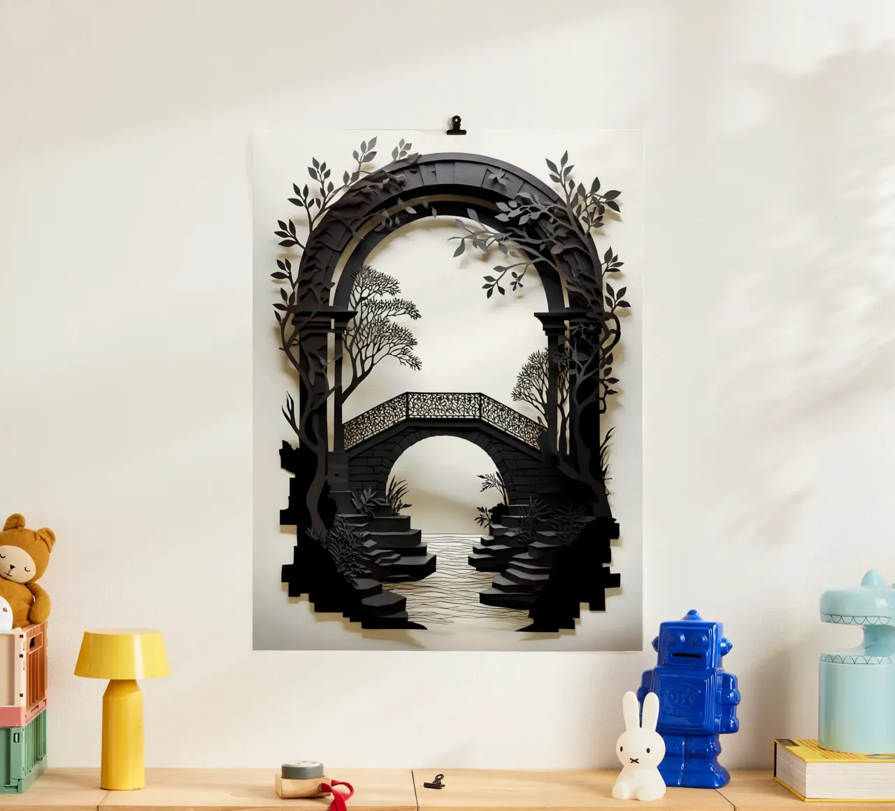 Ponte ad arco Papercut Art poster con telaio in alluminio da Papercut Gallery