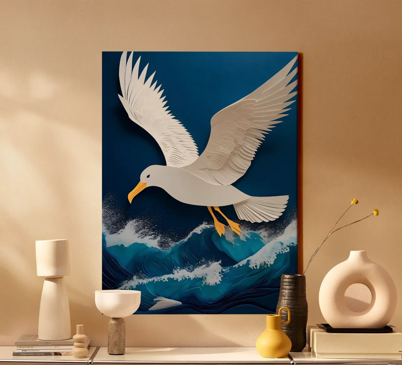 Gabbiano sopra l'oceano Papercut Art tela con Cornice a cassetta da Papercut Gallery