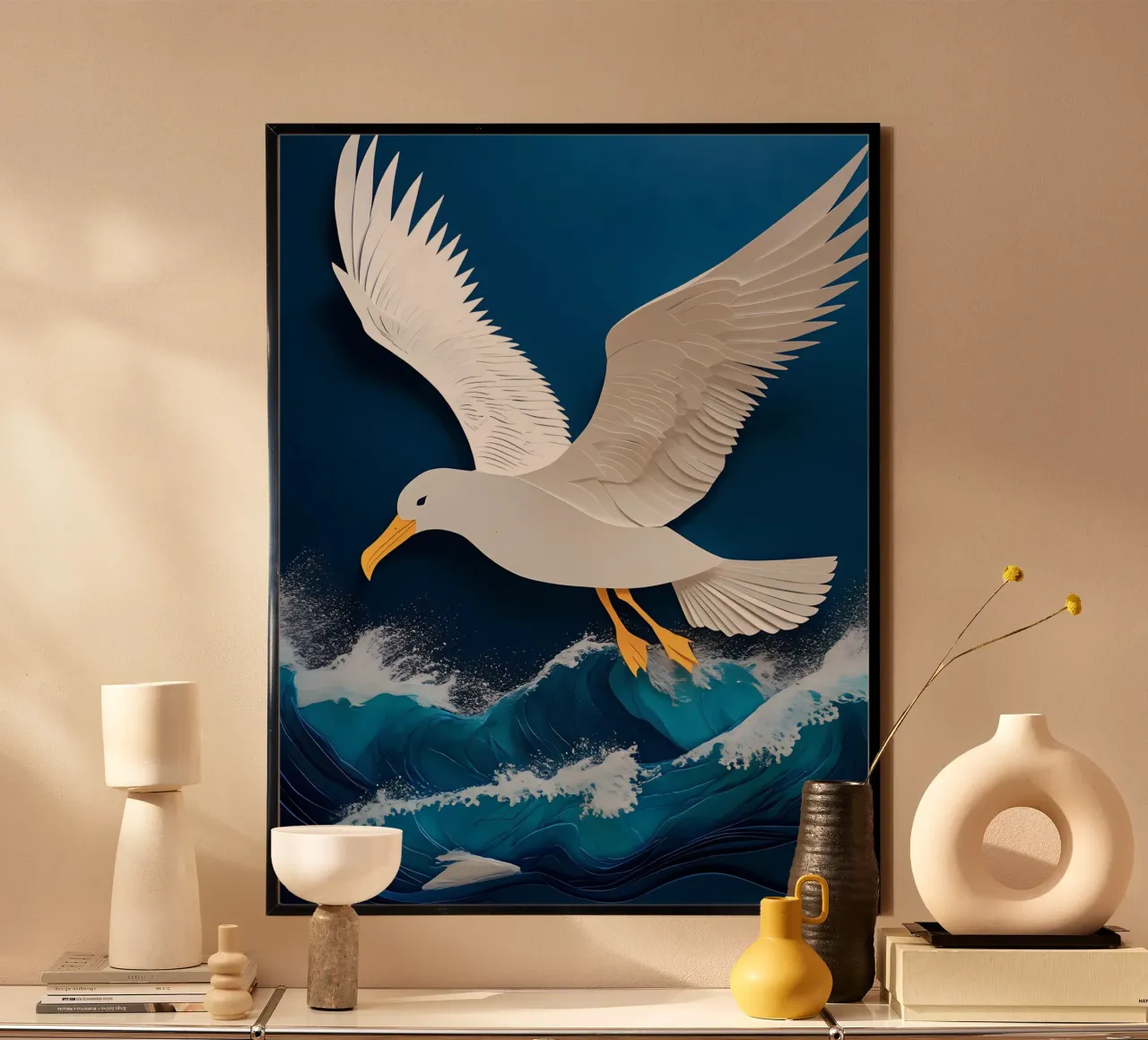 Gabbiano sopra l'oceano Papercut Art poster con telaio in plastica da Papercut Gallery