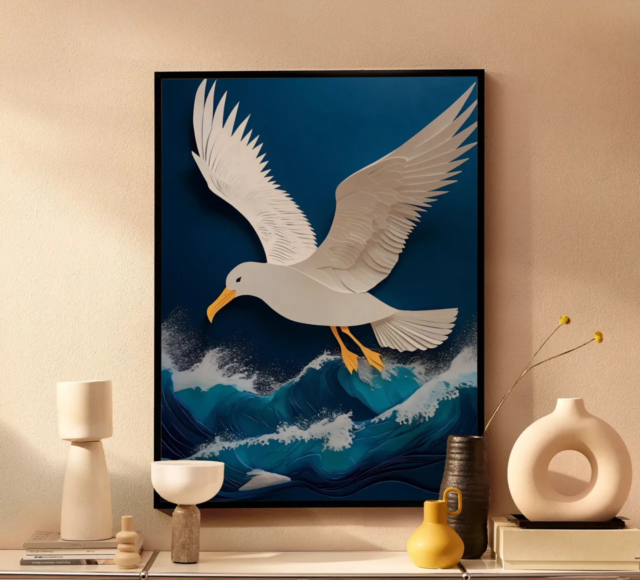 Gabbiano sopra l'oceano Papercut Art poster con telaio in plastica da Papercut Gallery