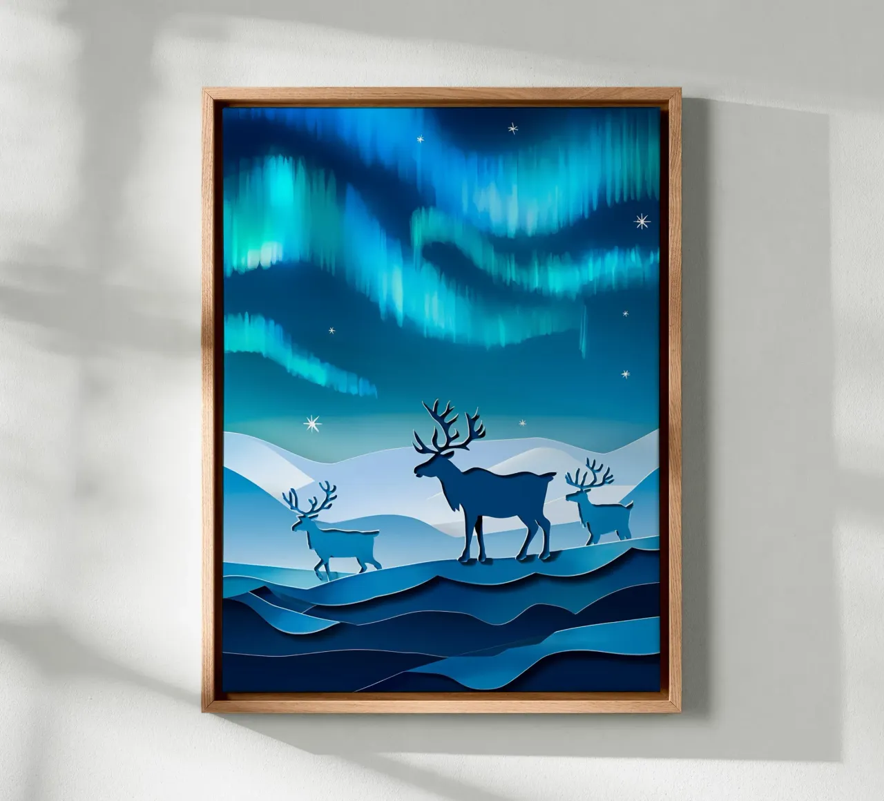 Rendier In Noorderlicht Papercut Kunst canvas met Baklijst van Papercut Gallery