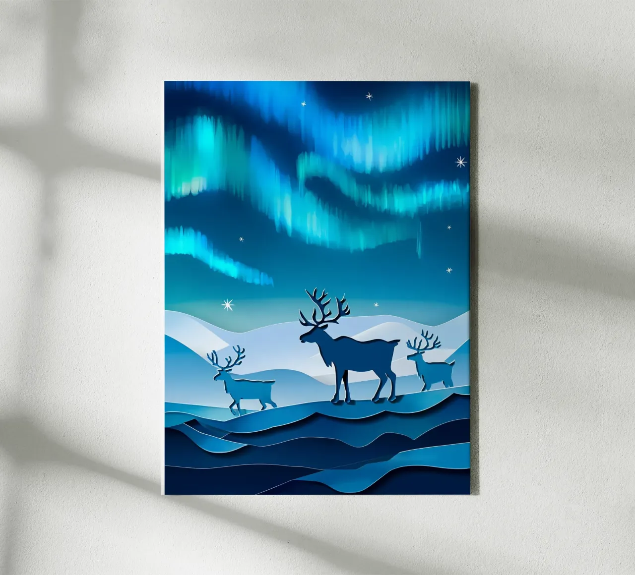 Rendier In Noorderlicht Papercut Kunst canvas met Baklijst van Papercut Gallery