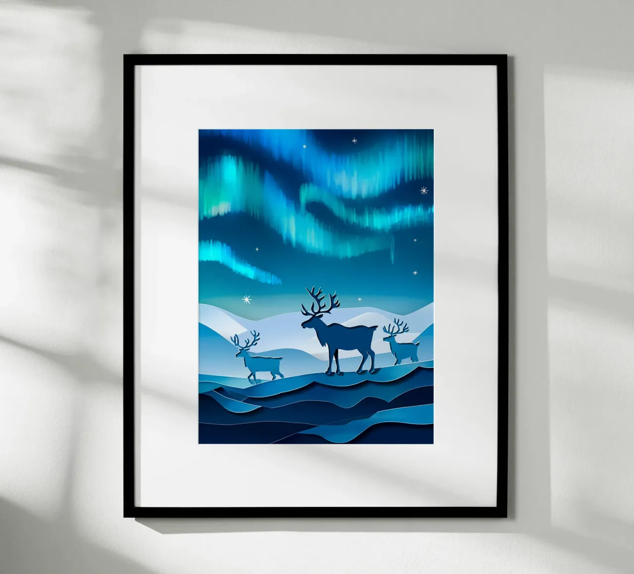 Rendier In Noorderlicht Papercut Kunst poster van Papercut Gallery