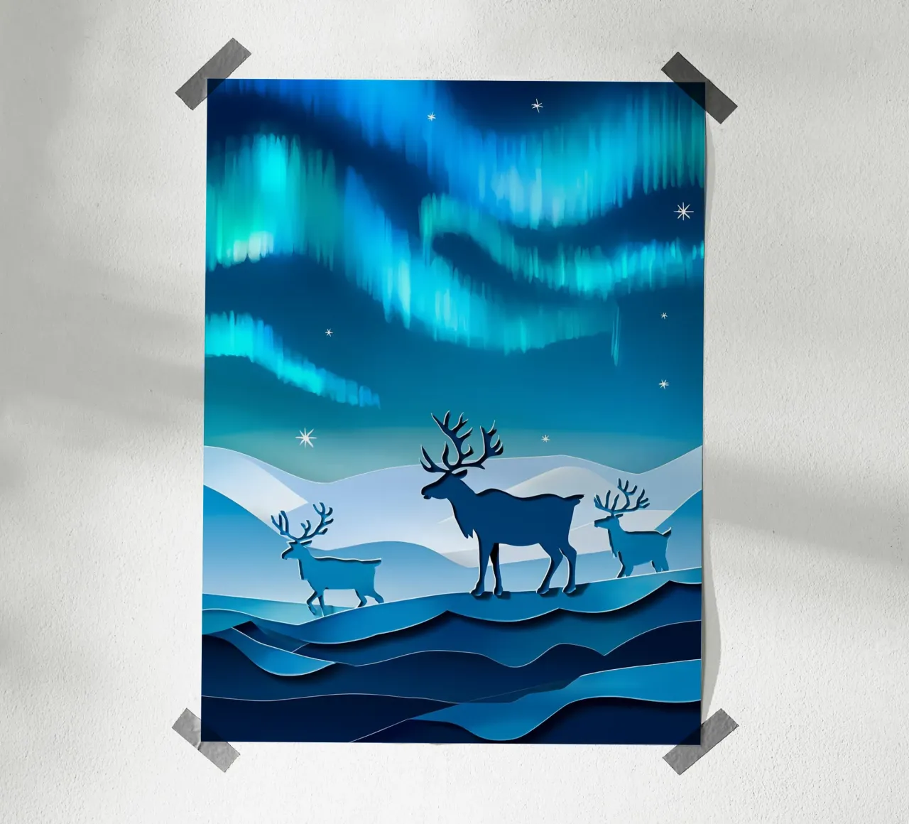 Rendier In Noorderlicht Papercut Kunst poster van Papercut Gallery