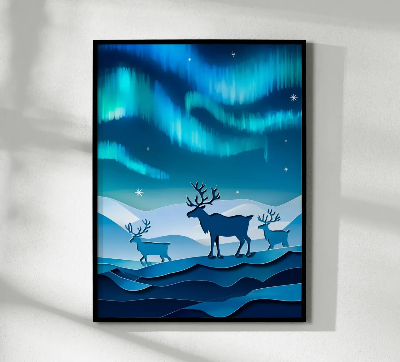 Rendier In Noorderlicht Papercut Kunst poster van Papercut Gallery