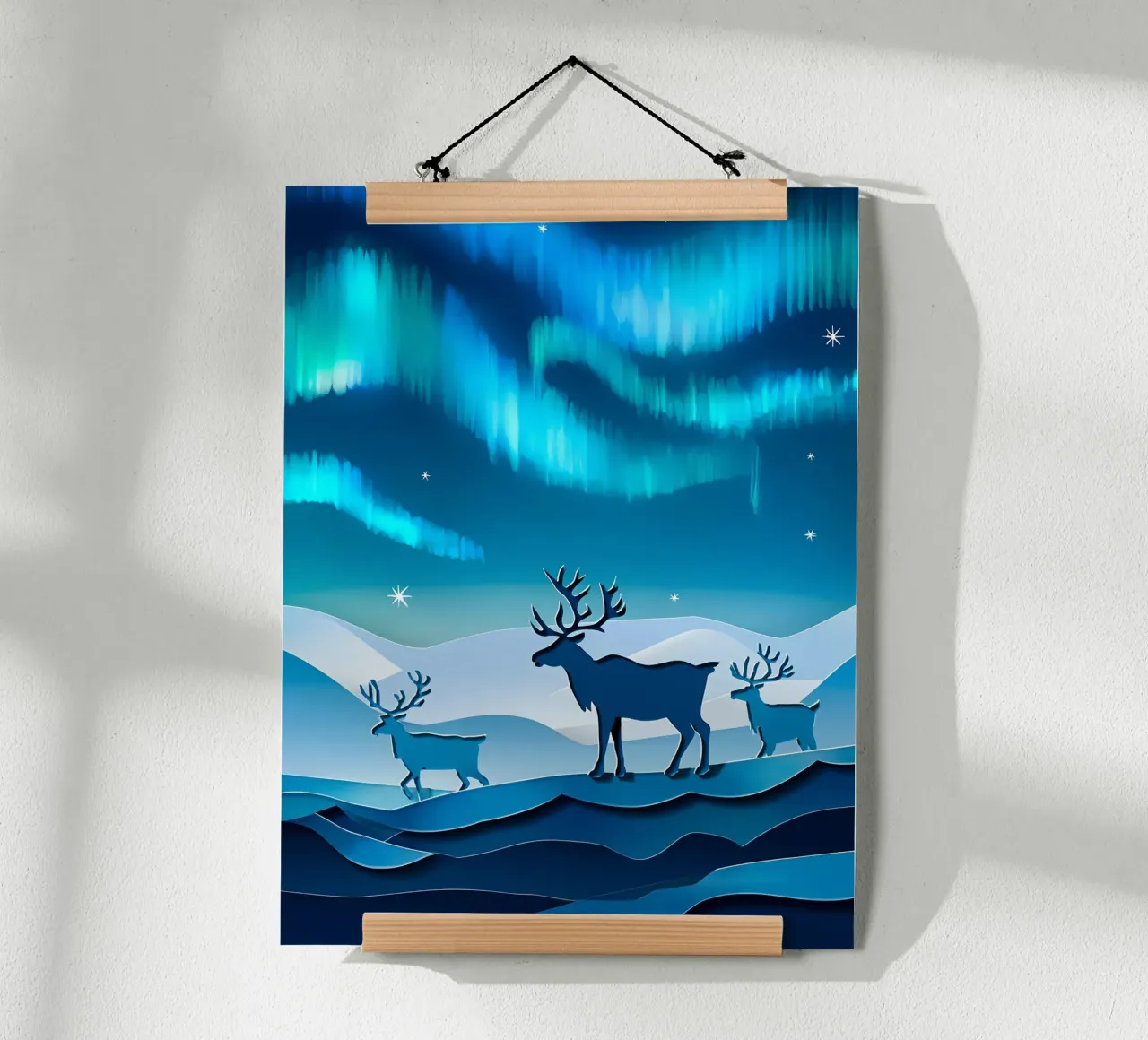 Rendier In Noorderlicht Papercut Kunst poster van Papercut Gallery