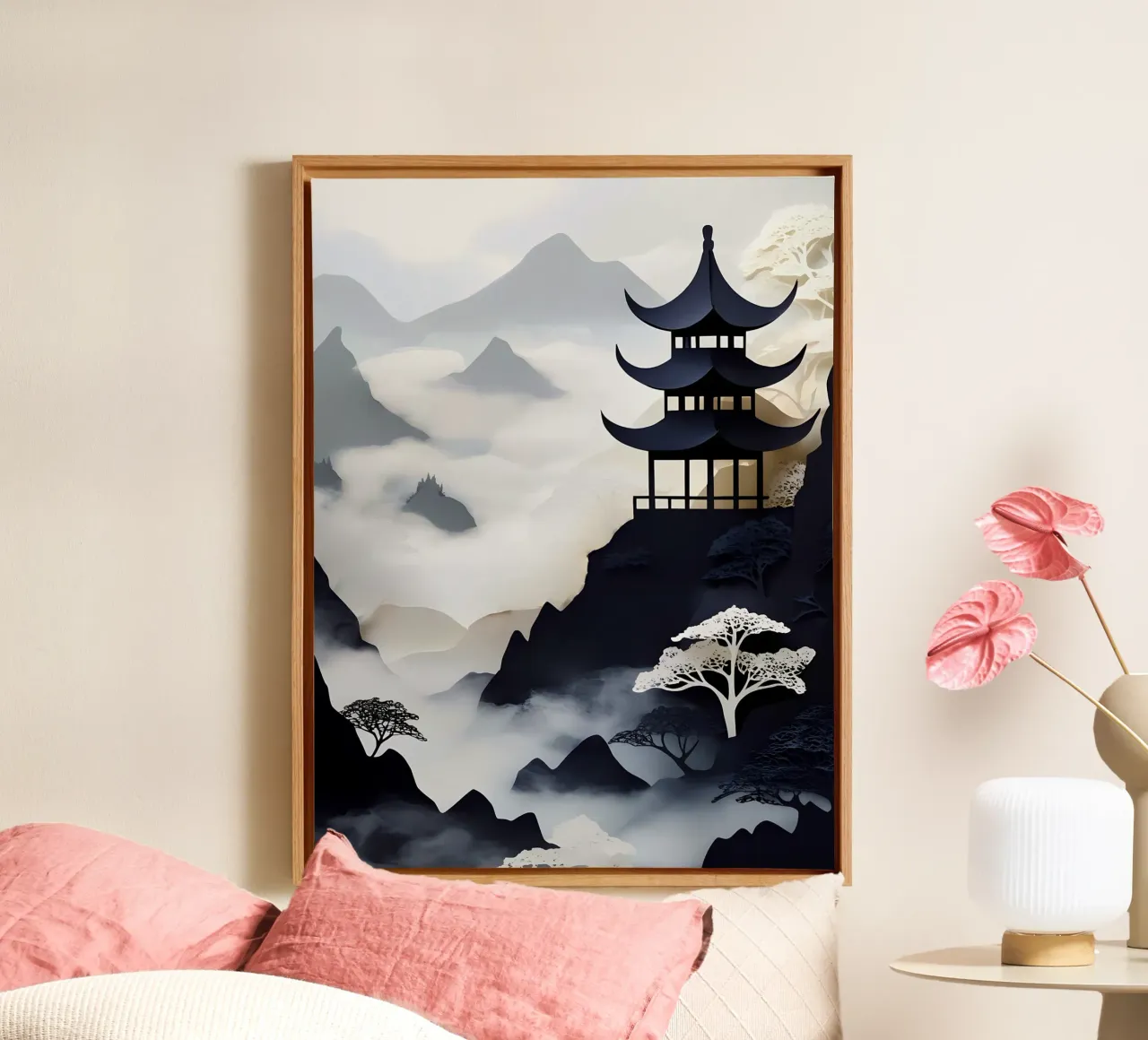 Pagode In Bergen Papercut Kunst canvas met Baklijst van Papercut Gallery