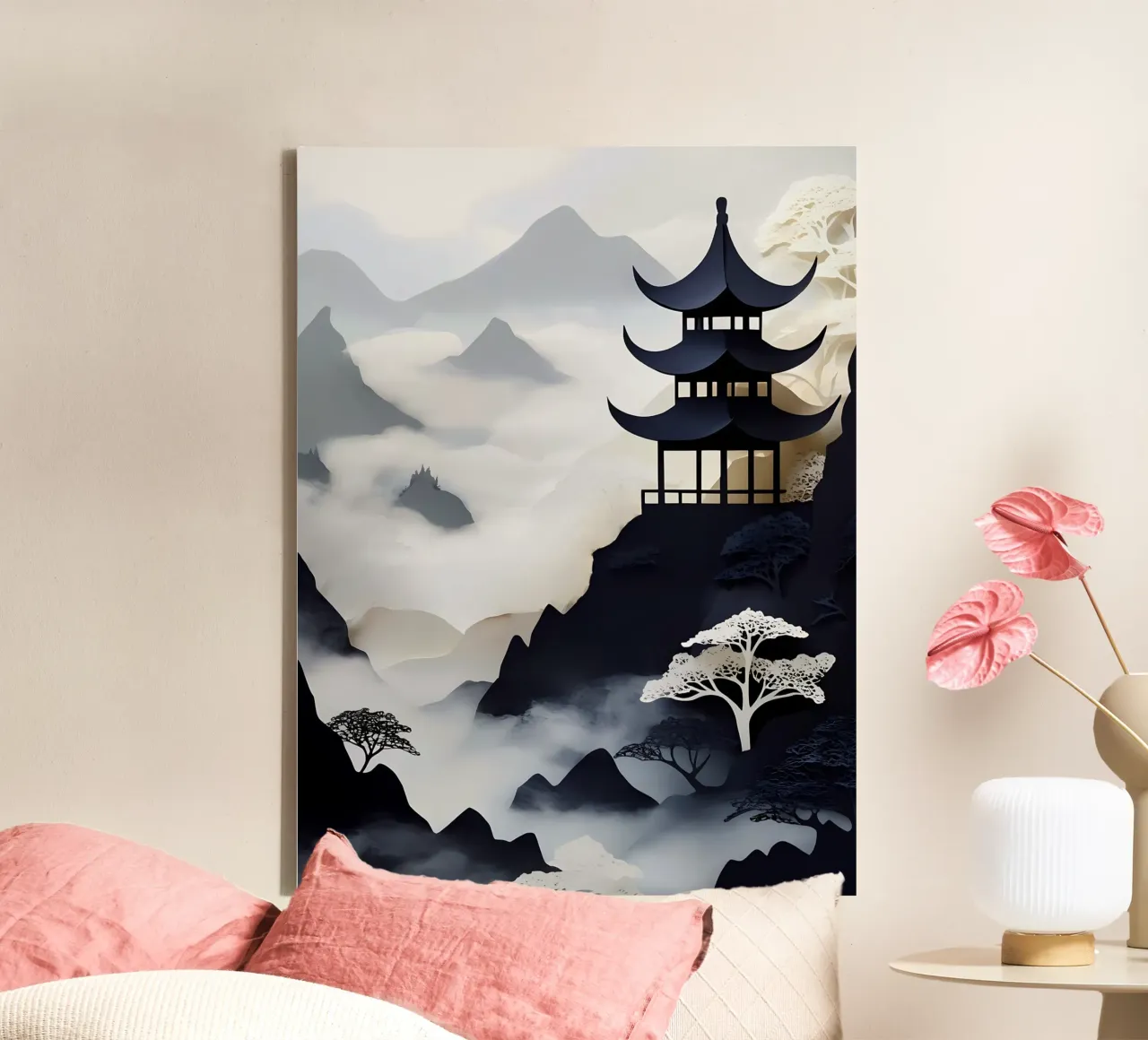 Pagode In Bergen Papercut Kunst canvas met Baklijst van Papercut Gallery