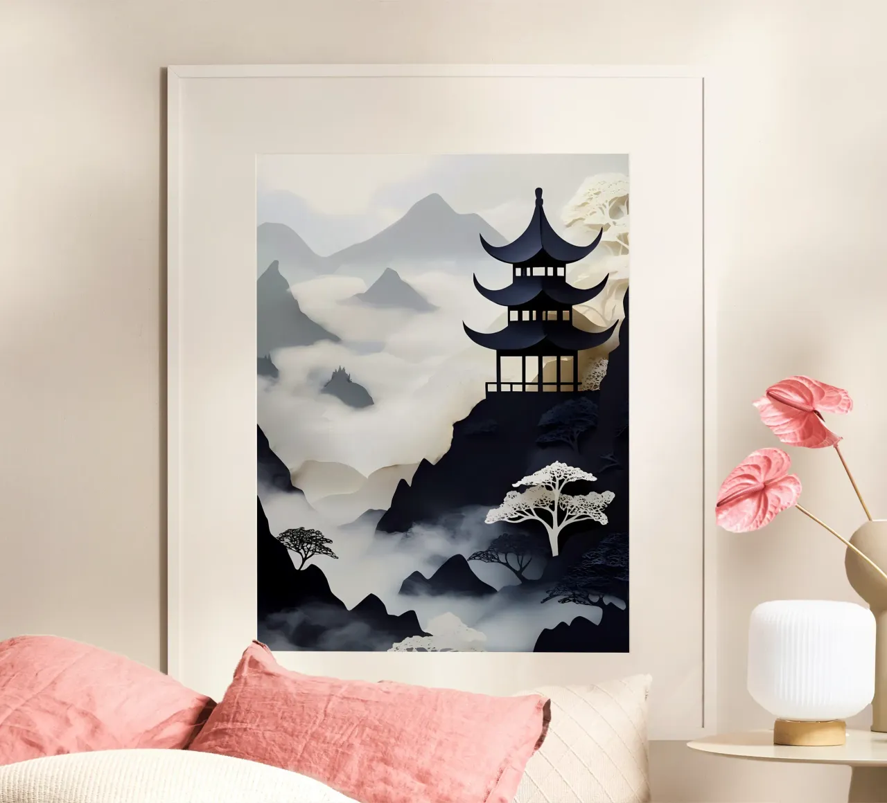 Pagoda in montagna Papercut Art poster con telaio in alluminio da Papercut Gallery