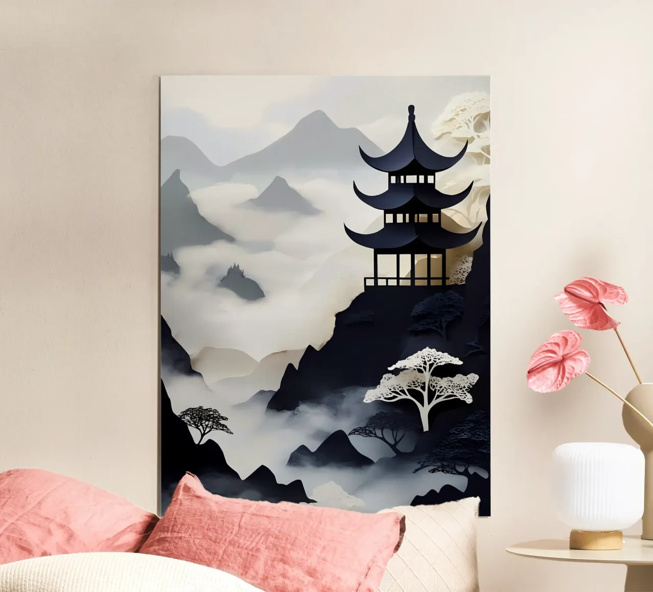 Pagoda in montagna Papercut Art poster con telaio in alluminio da Papercut Gallery