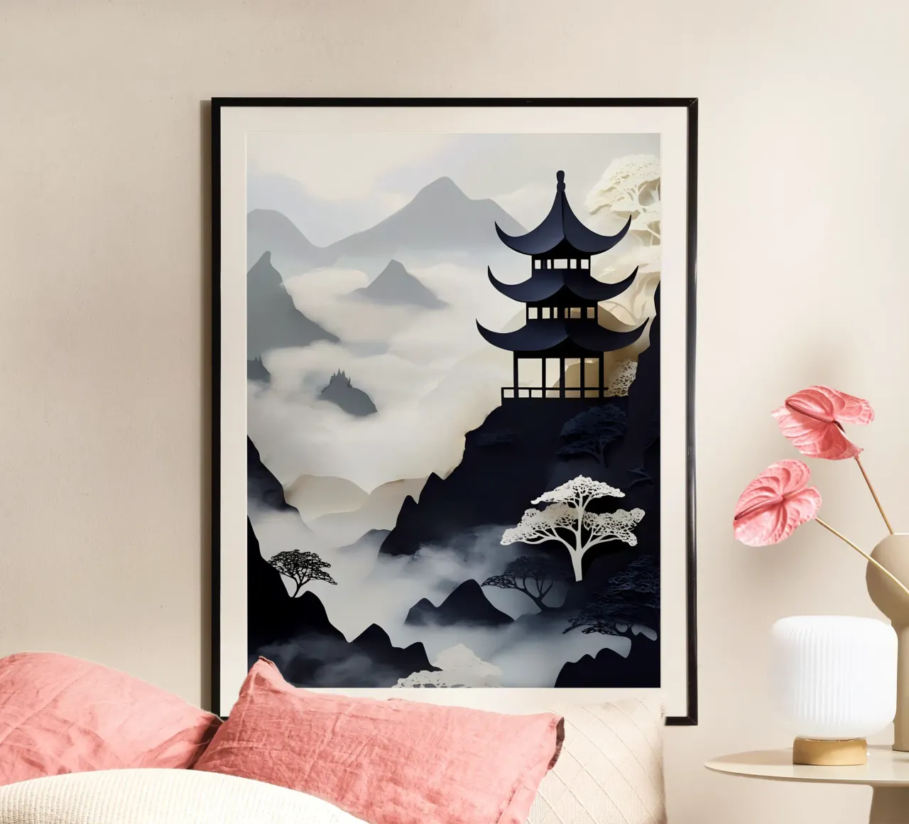 Pagoda in montagna Papercut Art poster con telaio in alluminio da Papercut Gallery