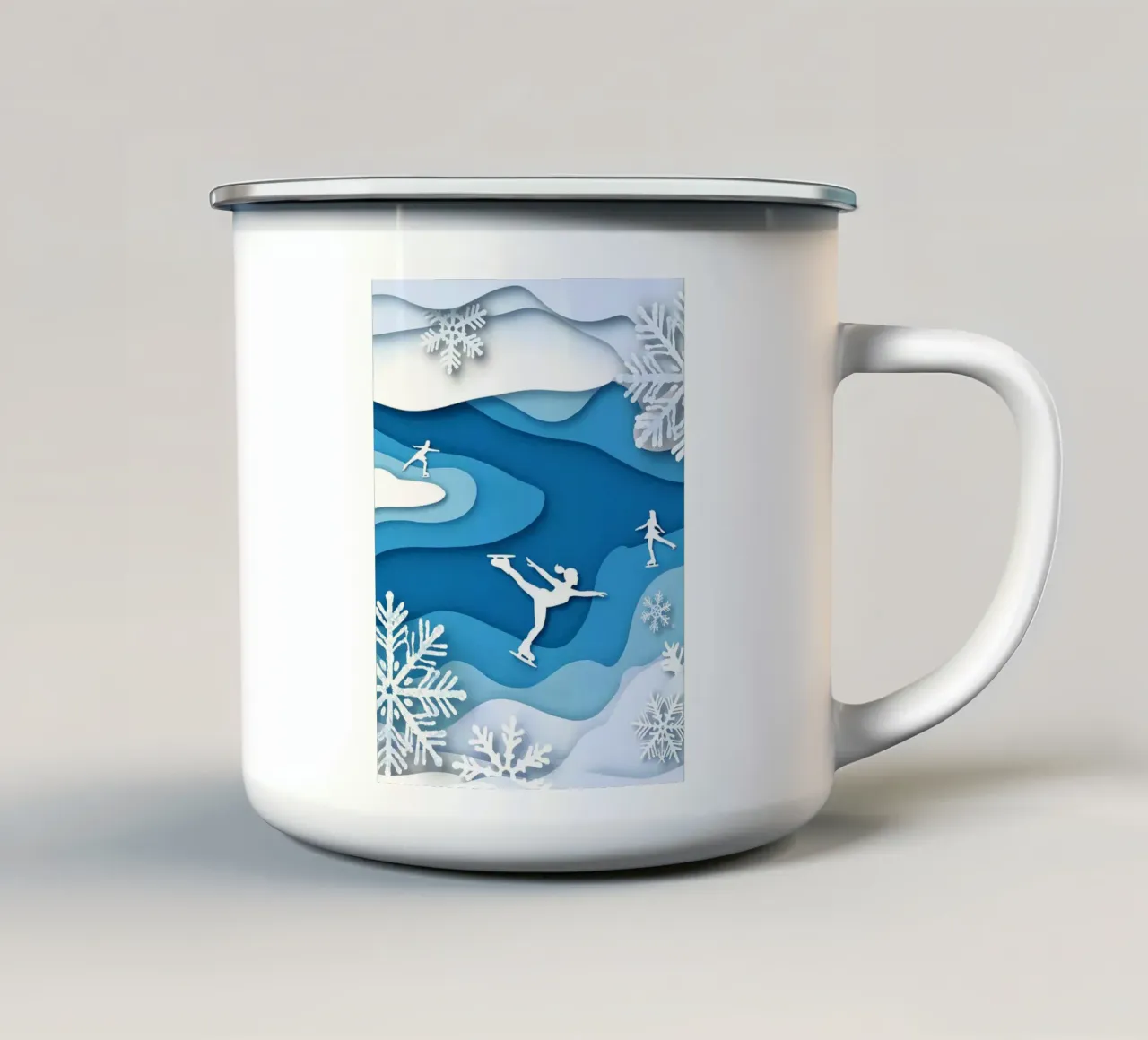 Pattinatori sul ghiaccio in inverno Papercut Art tazza in smalto da Papercut Gallery