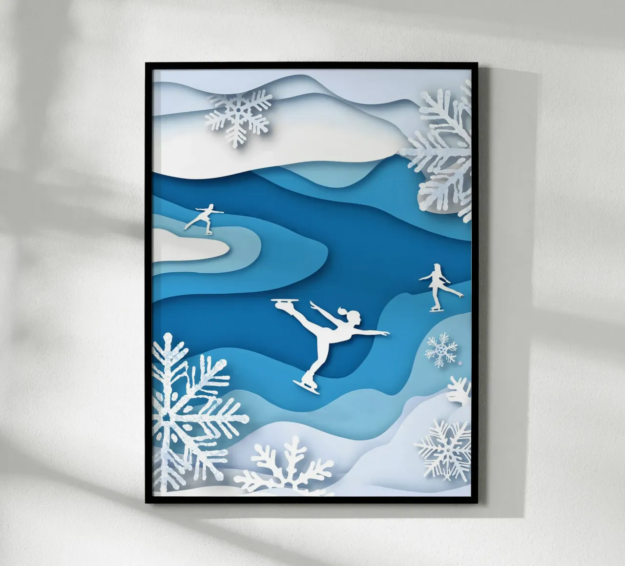 Pattinatori sul ghiaccio in inverno Papercut Art poster con telaio in plastica da Papercut Gallery