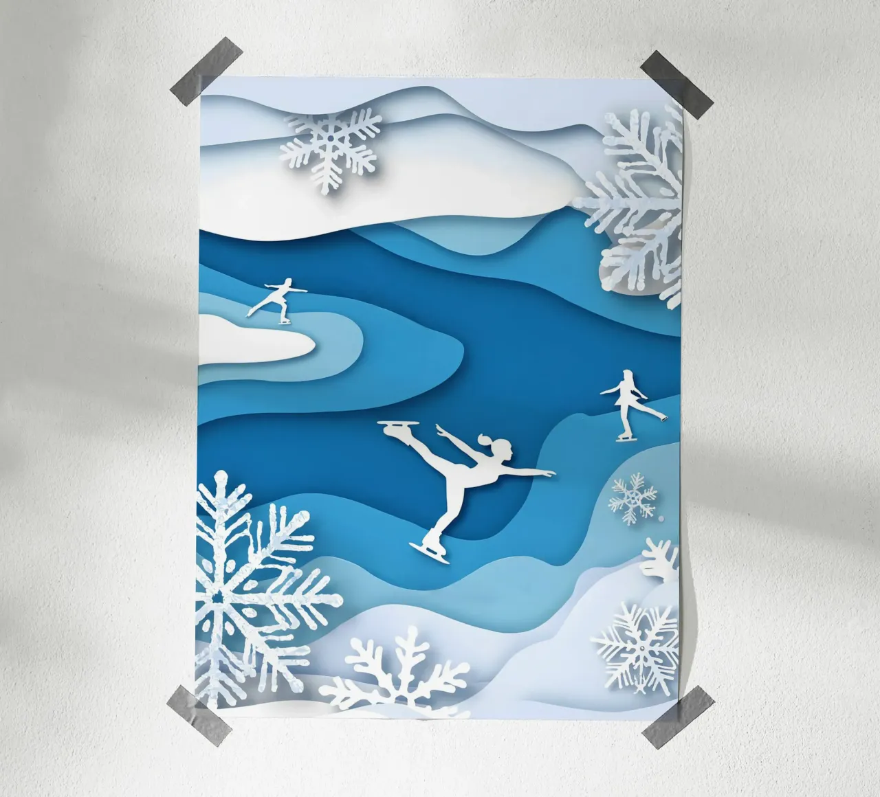 Pattinatori sul ghiaccio in inverno Papercut Art poster con telaio in plastica da Papercut Gallery