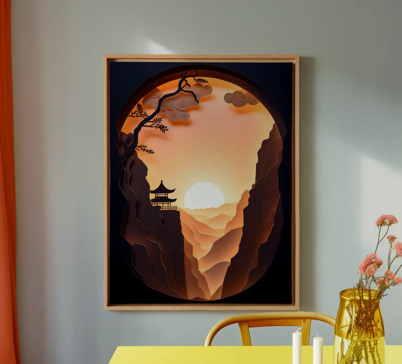 Zonsondergang in bergvallei Papercut kunst canvas met Baklijst van Papercut Gallery