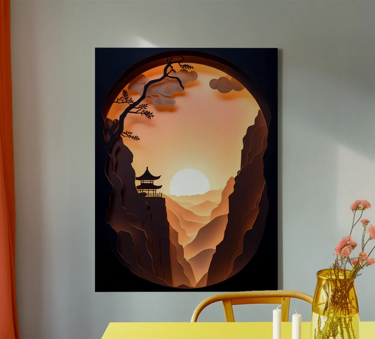 Zonsondergang in bergvallei Papercut kunst canvas met Baklijst van Papercut Gallery