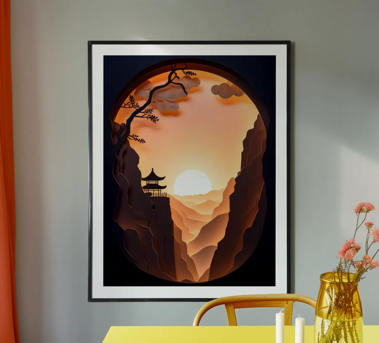 Zonsondergang in bergvallei Papercut kunst poster met kunststof frame van Papercut Gallery