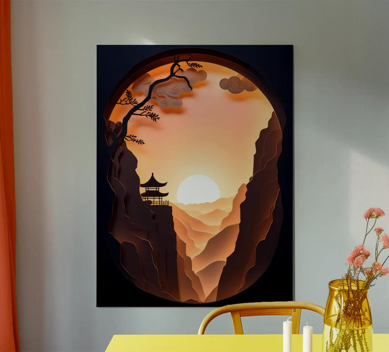 Zonsondergang in bergvallei Papercut kunst poster met kunststof frame van Papercut Gallery