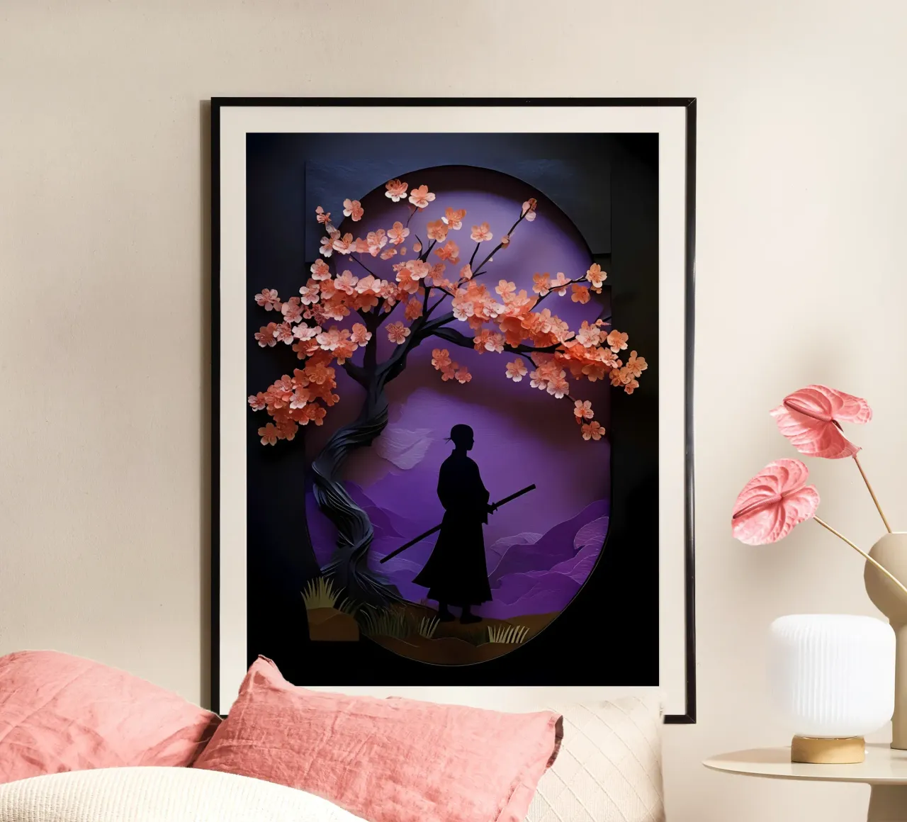 Samurai sotto i fiori di ciliegio Papercut Art poster con telaio in legno da Papercut Gallery