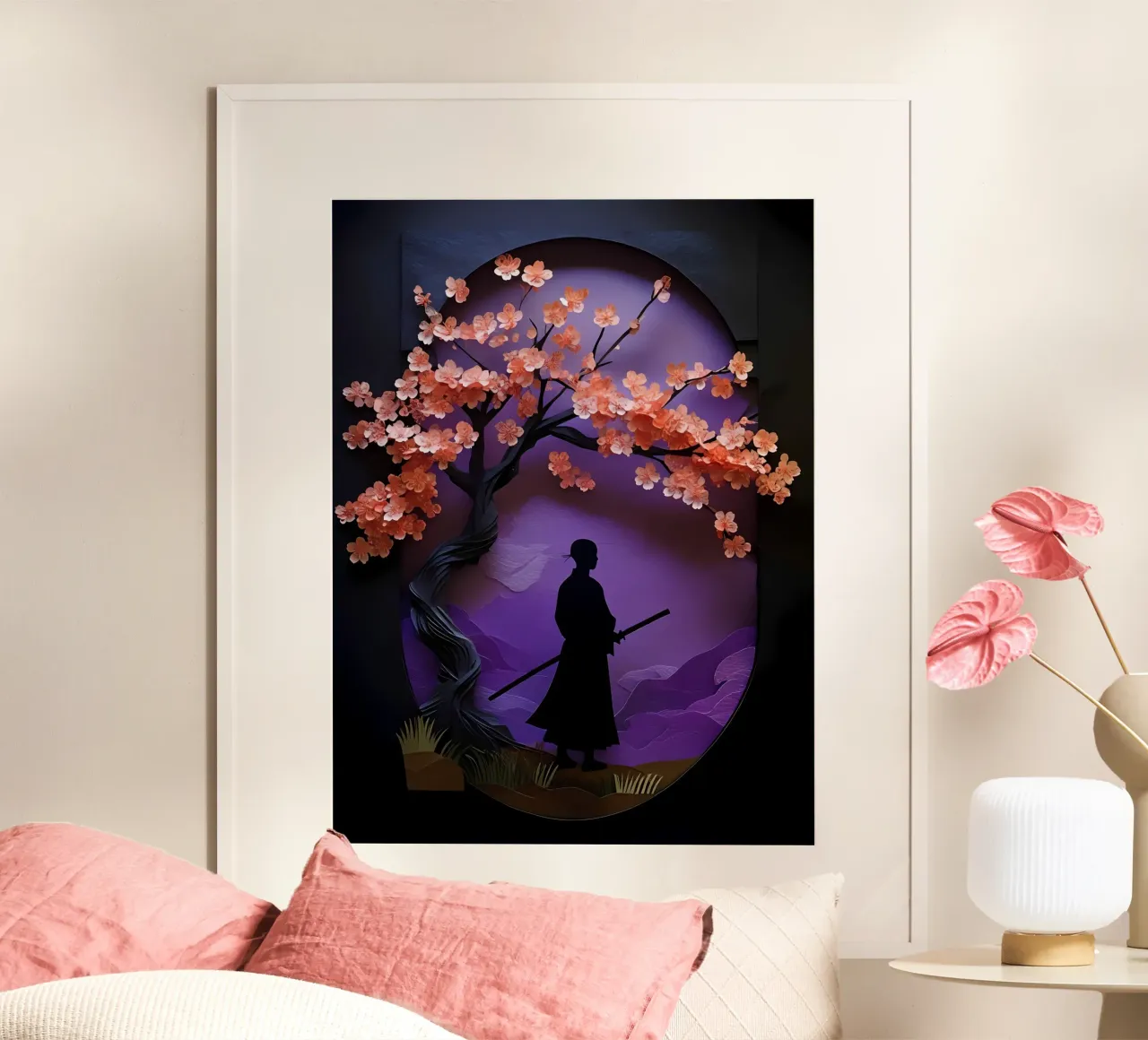 Samurai sotto i fiori di ciliegio Papercut Art poster con telaio in legno da Papercut Gallery