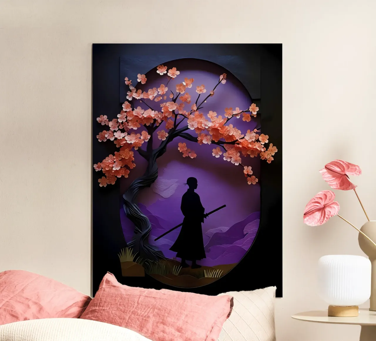 Samurai sotto i fiori di ciliegio Papercut Art poster con telaio in legno da Papercut Gallery