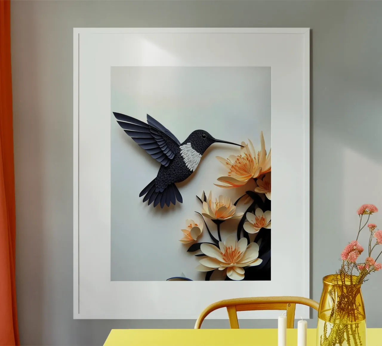 Colibrì su fiori Papercut Art poster con telaio in alluminio da Papercut Gallery