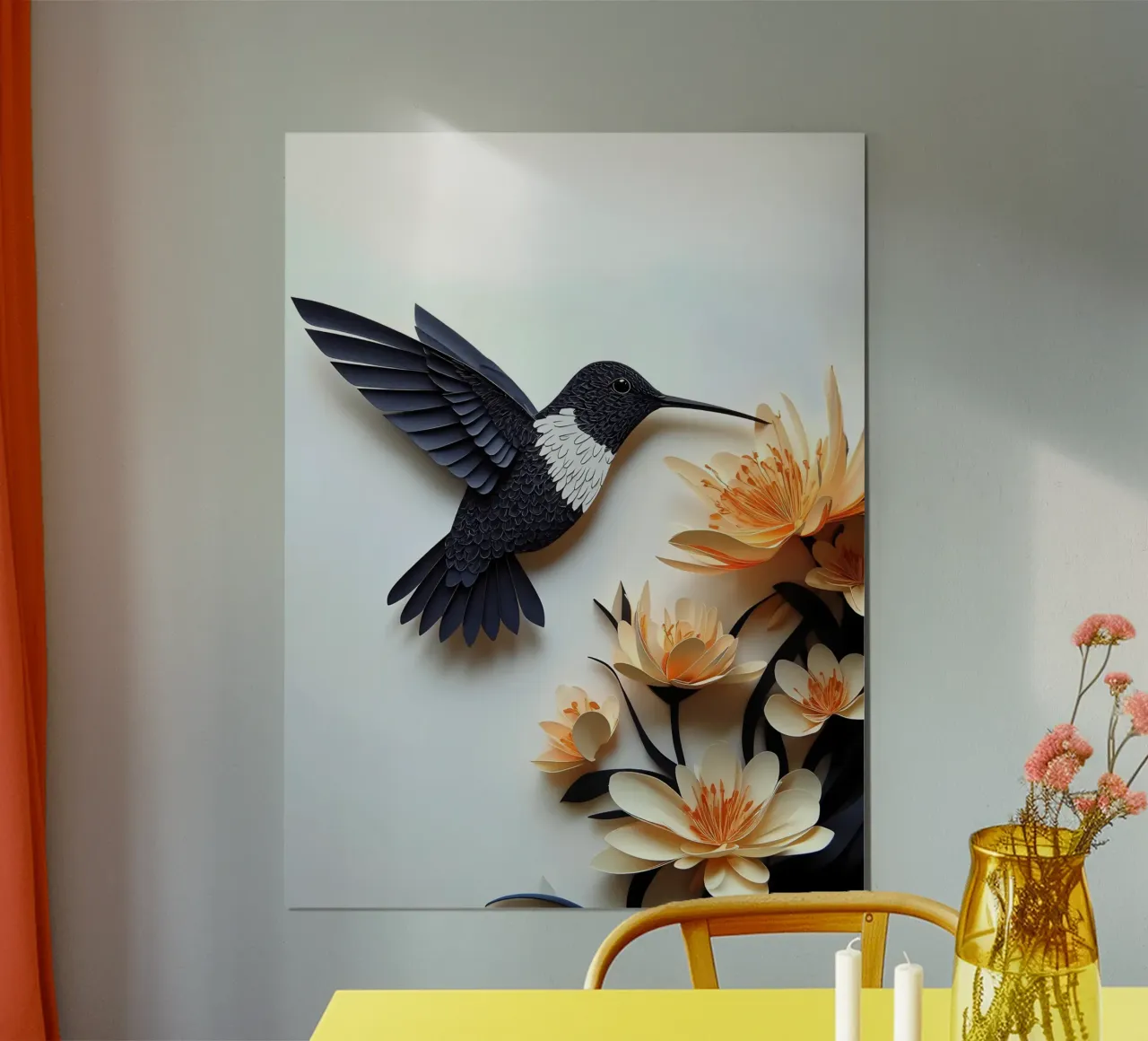 Colibrì su fiori Papercut Art poster con telaio in alluminio da Papercut Gallery