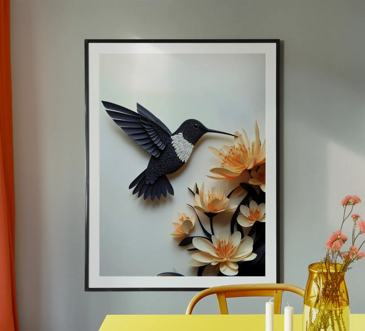Colibrì su fiori Papercut Art poster con telaio in alluminio da Papercut Gallery