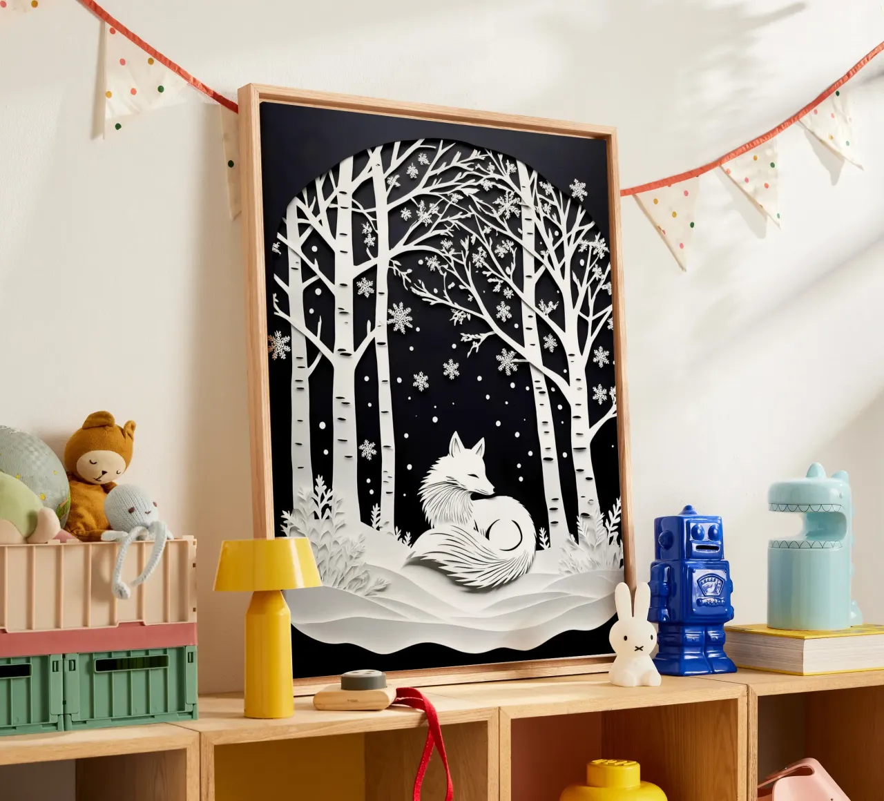 Fox In Winter Snowflakes Papercut Art canvas with Floater frame by Papercut Gallery